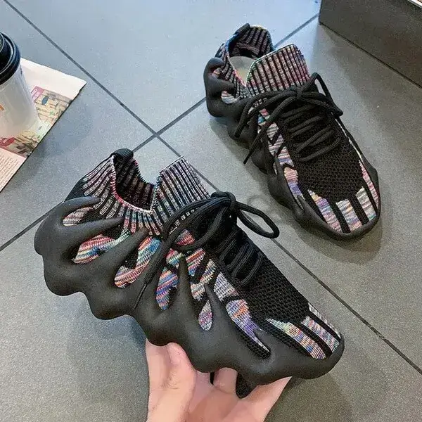 Womens Knit Mesh Sneakers | Glow-in-the-Dark Low-Top Platform Shoes in Black Gray, Black Multicolor, White