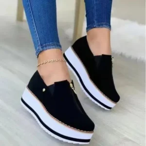 Atozfootwear Women Fashion Retro Style Elastic Band Thick Sole Solid Color Mid-Slip Sneakers