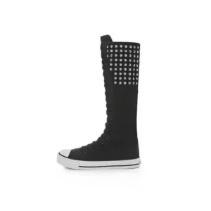 Atozfootwear Women Fashion Rivet Decor Side Zipper Canvas High Boots