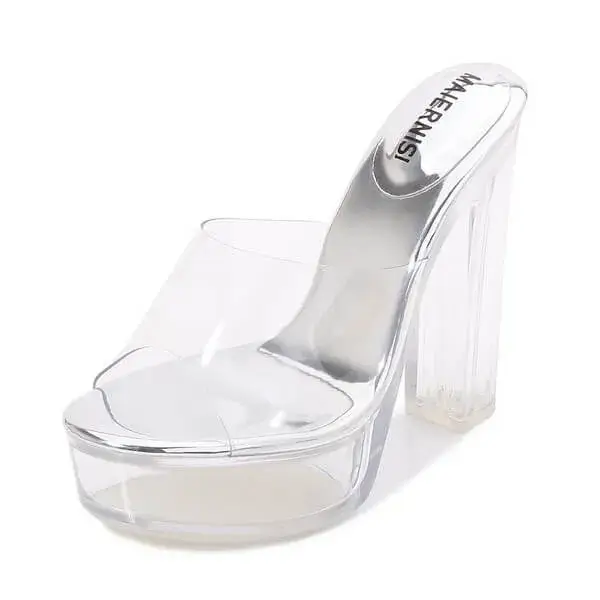 Atozfootwear Women Fashion Plus Size Transparent Crystal Chunky Heel Platform High