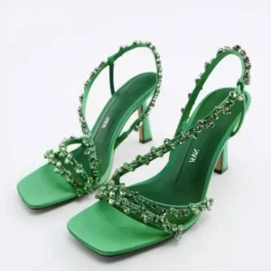 Atozfootwear Women Fashion Plus Size Sexy Rhinestone Strap Square Toe Heeled Sandals