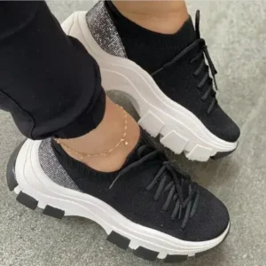 Atozfootwear Wedge Heel Flying Woven Colorblock Lace-Up Sneakers Large Size Casual Low Top Women Shoes