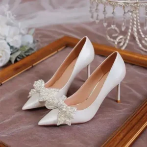 Atozfootwear Women Fashion Sexy Pointed Satin Pearl Pointed Toe Shoes