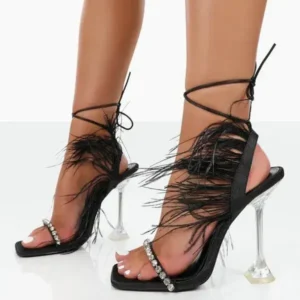 Atozfootwear Women Fashion Sexy Rhinestone Feather Decorative Solid Color High Heel Sandals Shoes