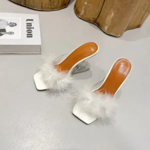 Atozfootwear Women Fashion Sexy Feather Decoration Solid Color Chunky High Heel Slippers Shoes