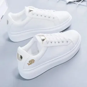 Atozfootwear Women Casual Fashion Rose Embroidery Thick-Soled Comfortable PU Leather White Sneakers