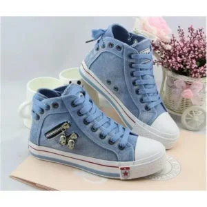 Atozfootwear Women Casual Spring Zipper Decor Lace-Up High Top Denim Canvas Sneakers