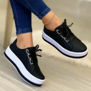 Atozfootwear Women Casual Round Toe Lace-Up Block Color Platform Shoes PU Sneakers