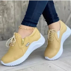 Atozfootwear Women Casual Round Toe Low Cut Lace-Up PU Side Zipper Design Solid Color Sneakers