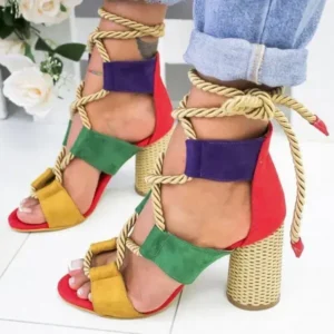 Atozfootwear Women Fashion Sexy Cross Hollow Lace Up Design Color Blocking High Heel Sandals Shoes