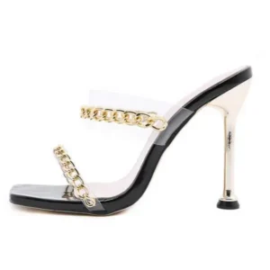 Atozfootwear Women Sexy Plus Size Metal Chain Square-Toe High Heel Sandals