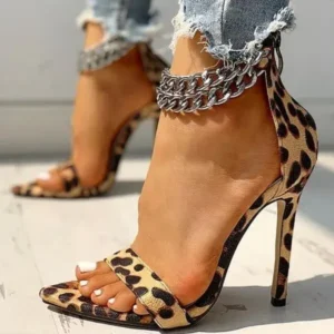 Atozfootwear Women Sexy Metal Chain Buckle Ankle Strap Animal Printed High Heels