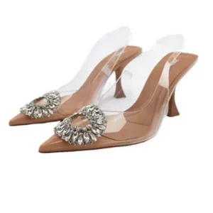 Atozfootwear Summer Women Fashion Plus Size Pointed Toe Rhinestone Transparent Heeled Sandals