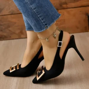 Atozfootwear Summer Women Fashion Casual Plus Size Solid Color Pointed Toe Metal Buckle Sling Back High Heel Sandals