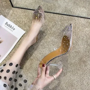 Atozfootwear Women Fashion Sexy Rhinestone Decorative Pointed Toe Transparent High Heel Sandals