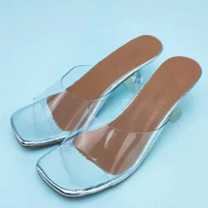 Atozfootwear Women Fashion Casual Square Toe Transparent Design Mid Heel Slippers