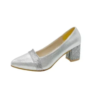 Atozfootwear Women Fashion Casual Sequins Pointed Toe Pumps With Chunky Heels