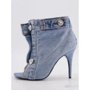 Atozfootwear Women Fashion High Heel Denim Button High Top Boots