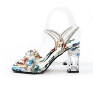 Atozfootwear Women Fashion Sexy PU Rhinestone Floral Printed Square Toe Chunky Heel ?Sandals