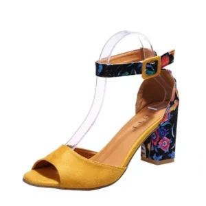 Atozfootwear Women Fashion Sexy PU Floral Printed Peep Toe Chunky Heel Ankle Strap Buckle Sandals