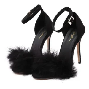 Atozfootwear Women Fashion Sexy PU Solid Color Feather Peep Toe Stiletto Heel Ankle Strap Buckle Sandals