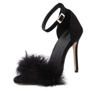 Atozfootwear Women Fashion Sexy Solid Color Feather Peep Toe Stiletto Heel Ankle Strap Buckle Sandals