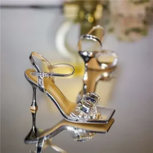 Atozfootwear Women Fashion Sexy PU Rhinestone Square Toe Ankle Strap Buckle Stiletto Heel Sandals