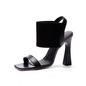 Atozfootwear Women Fashion Elegant Solid ColorPU Square Toe Chunky Heel Elastic Sandals