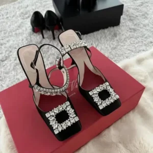 Atozfootwear Women Fashion Elegant PU Square Toe Rhinestone Stiletto Heel Ankle Strap Buckle Sandals