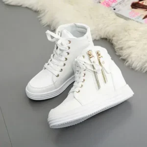 Atozfootwear Women Fashion Solid Color Side Zipper Lace-Up Round Head Thick-Soled Sneakers