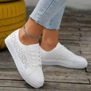 Atozfootwear Women Fashion Solid Color Plus Size Hollow Lace-Up Round-Toe Sneakers