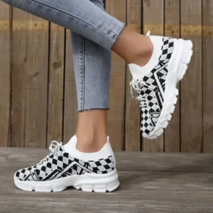 Atozfootwear Summer Women Fashion Casual Geometric Print Fly-Woven Lace-Up Sneakers