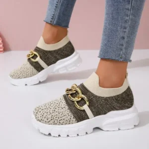 Atozfootwear Women Fashion Color Block Metal Chain Thick-Soled Breathable Fly-Woven Sneakers