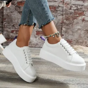 Atozfootwear Women Fashion Solid Color Round-Toe Lace-Up Thick-Soled Sneakers