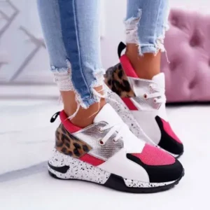 Atozfootwear Women Casual Leopard Printed Patchwork Lace Up Sneakers