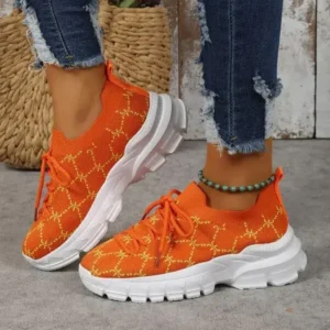 Atozfootwear Women Fashion Plus Size Casual Flying Woven Lace-Up Round Toe Sneakers