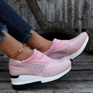 Atozfootwear Women Fashion Casual Rhinestone Breathable Wedge Heel Sneakers