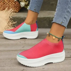 Atozfootwear Women Fashion Casual Color Blocking Fly-Woven Thick-Soled Sneakers