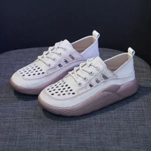 Atozfootwear Women Fashion Casual Solid Color PU Lace-Up Hollow Breathable Sneakers