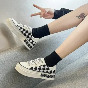 Atozfootwear Women Fashion Platform Checkerboard Canvas Sneakers