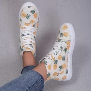 Atozfootwear Women Fashion Round Toe Lace-Up Pineapple Strawberry Flat Sneakers