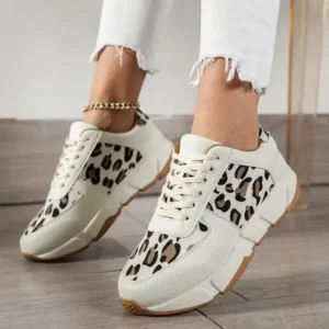 Atozfootwear Women Fashion Round Toe Stitching Lace Up Low Top Leopard Sports Sneakers